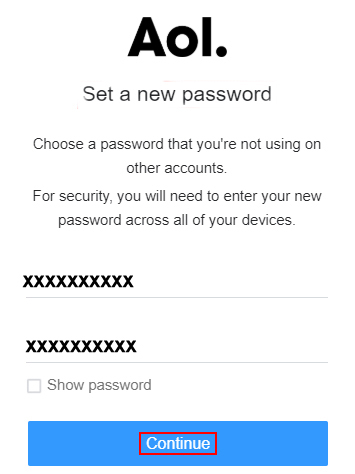Confirm AOL password and click continue