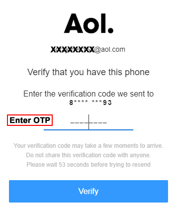 Enter OTP and Verify your AOL account