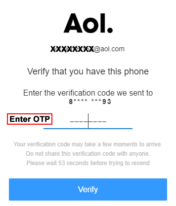 Enter OTP and verify your AOL account