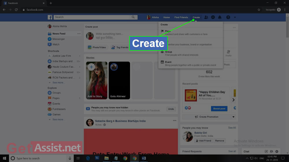 click on Create page on your Facebook account