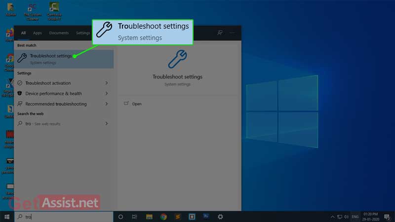 Type troubleshoot in the start menu and select ‘troubleshoot settings