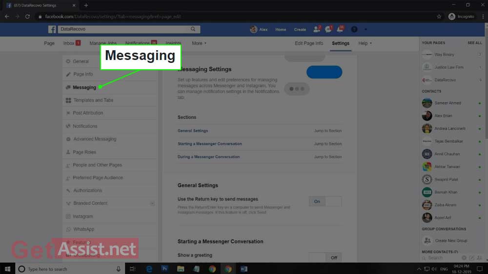 Click on Messaging of Facebook setting page