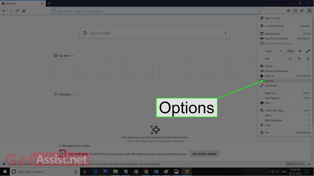 tab on Firefox options