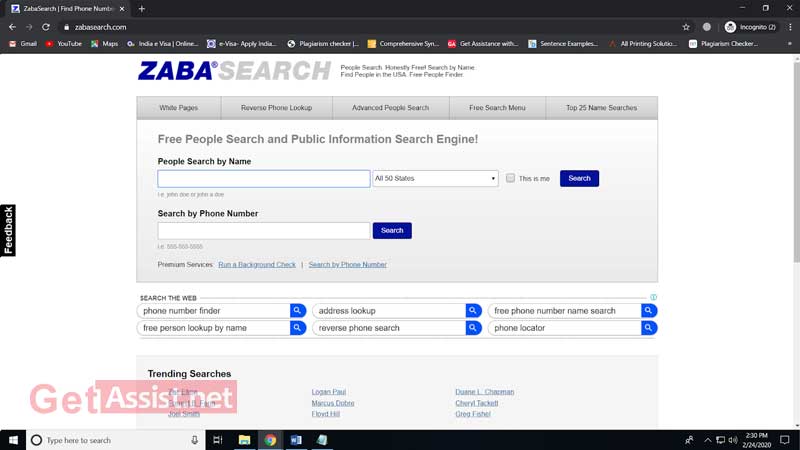 Zabasearch homepage where data is made publicly available