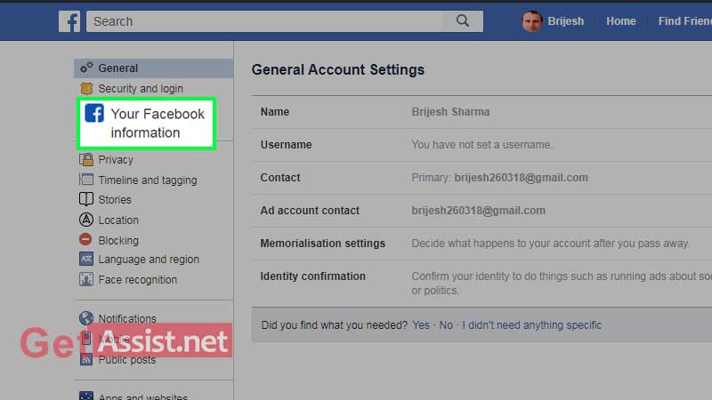 select your facebook information