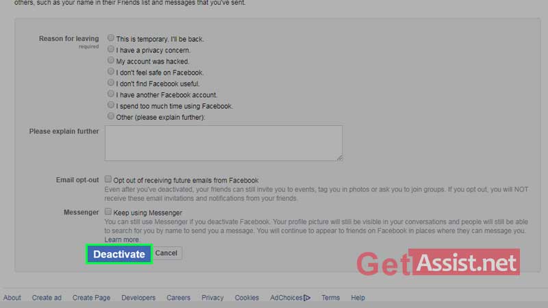 enter the required information and click on deactivate