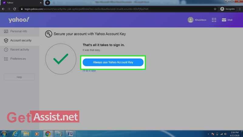 always use Yahoo account key