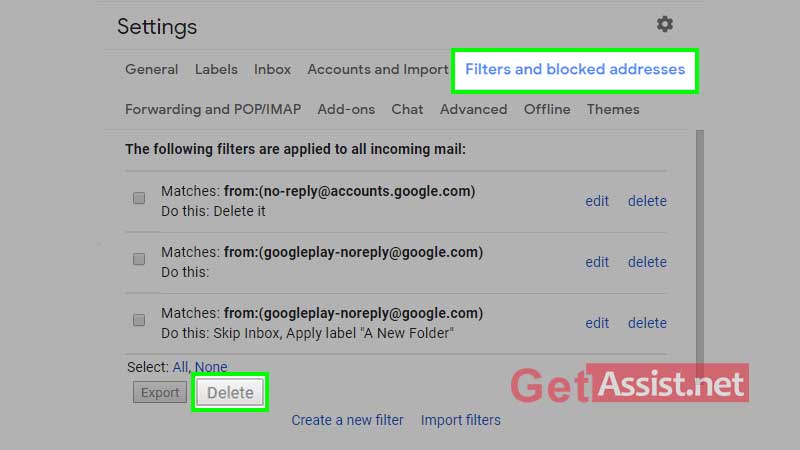Click on filters and blocked addresses and click delete