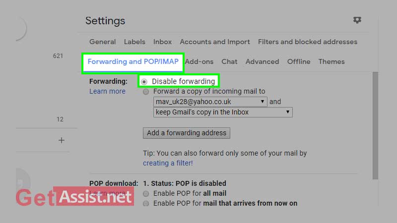 Select disable forwarding option in forwarding and POP/IMAP