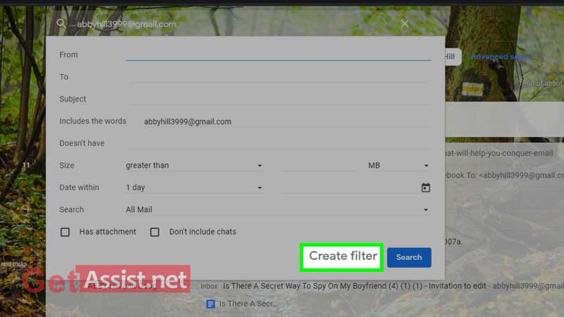 enter the all details and click on create filter