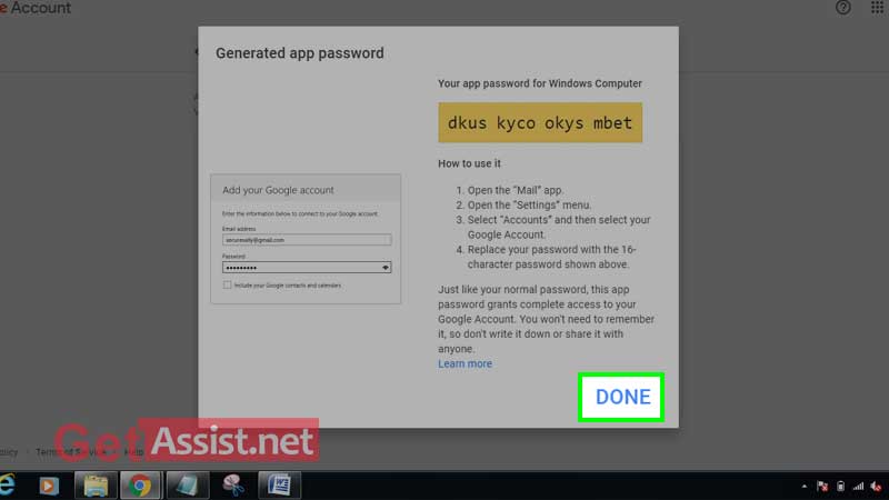 your app password has been generated and click Done