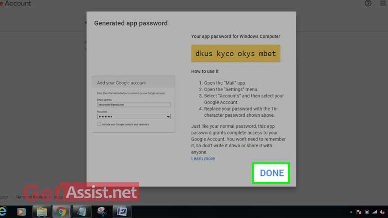 your apps password has been generated and click on done