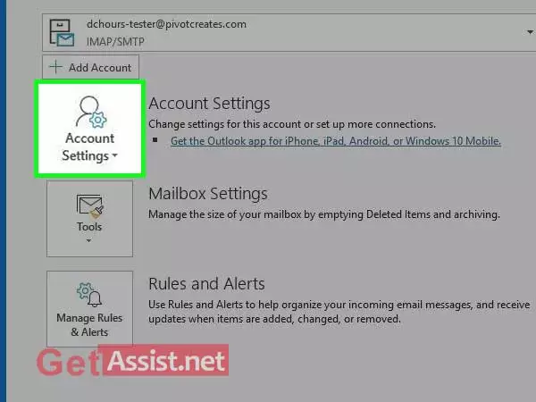 Open Outlook account and click on account settings under the file menu  