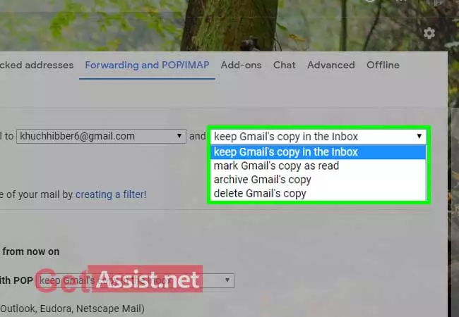 Select the option keep gmail copy in the inbox