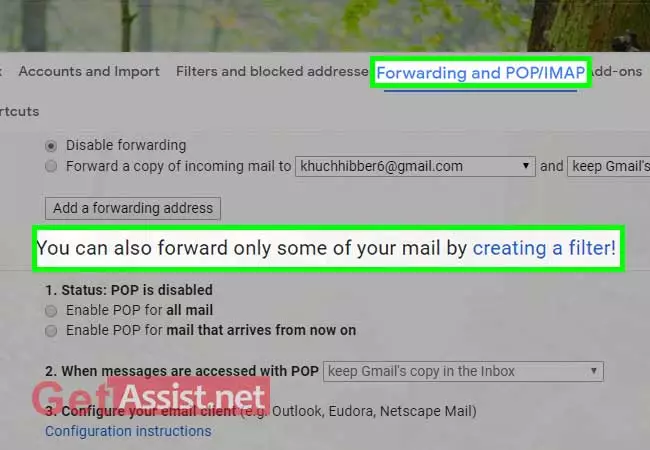go to gmail settings and select forwarding and pop/imap, click create a filter