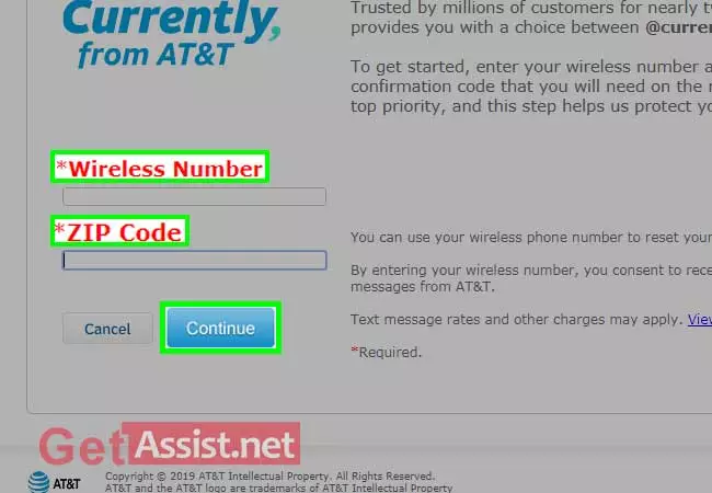 Enter wireless number and zip code and click Continue