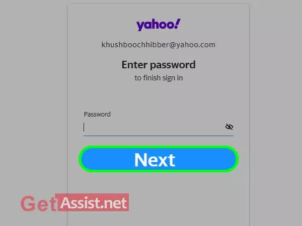 enter Yahoo password and click on next