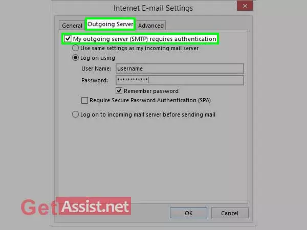 Select ‘my outgoing server requires authentication
