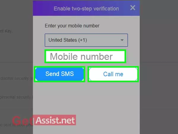 enter your mobile number, select one option - send sms or call me