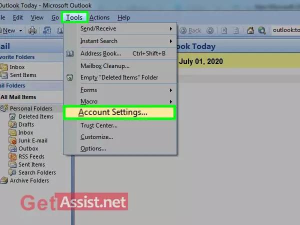 Open Outlook, select Tools and click on Account Settings