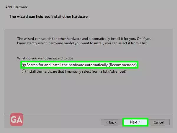 Select ‘search for and install the hardware automatically’ and click next
