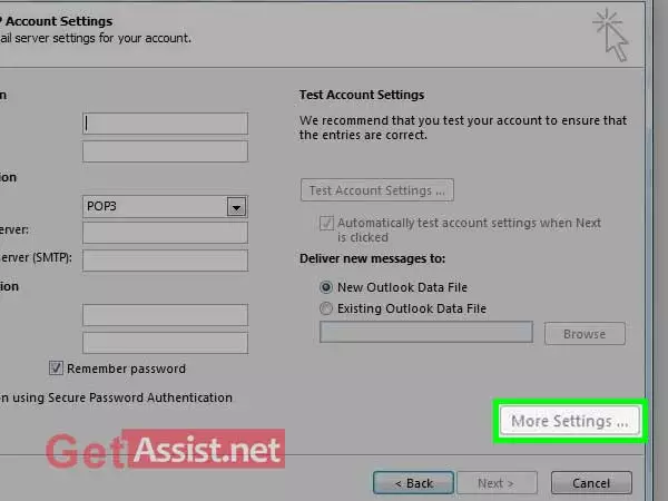 Select the IMAP or POP3 account-type to enter ‘User Information, Server Information and Logon Information’ and then, click on ‘More Settings’ link