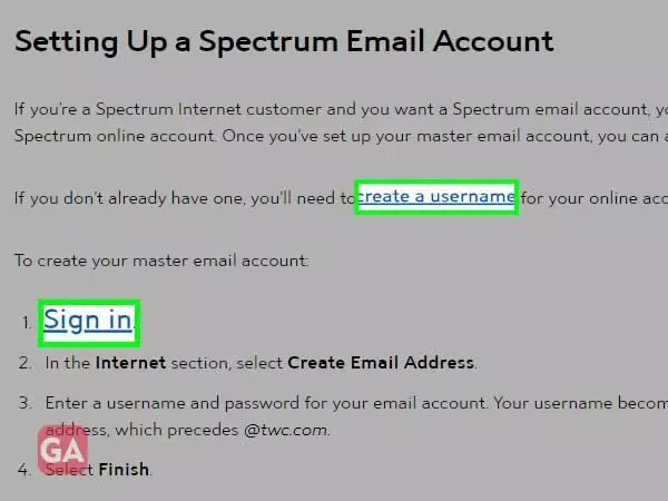 Create a username of Spectrum email and click on sign in