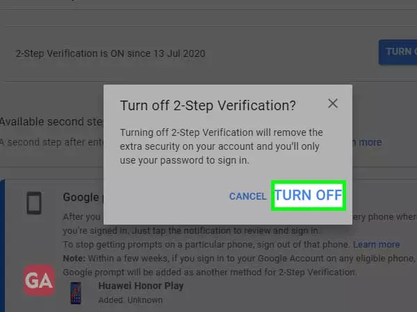 Confirm turn off 2-step verification