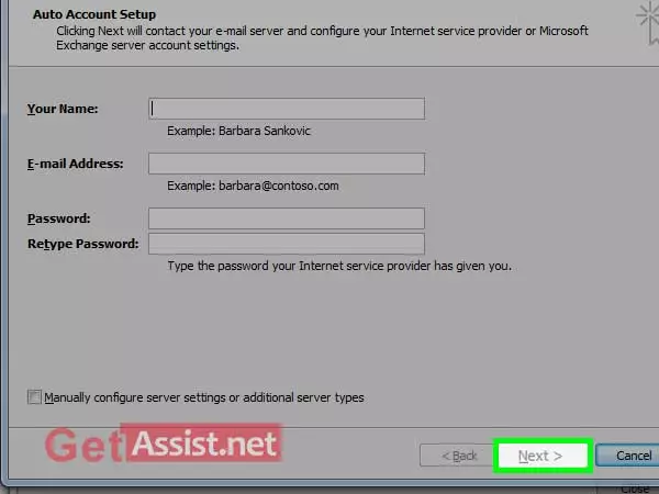 Select the checkbox ‘Manually configure server settings or additional server types’ and click on ‘Next’ inside ‘Add New E-mail Account’ dialog box
