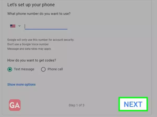 enter your phone number and press next