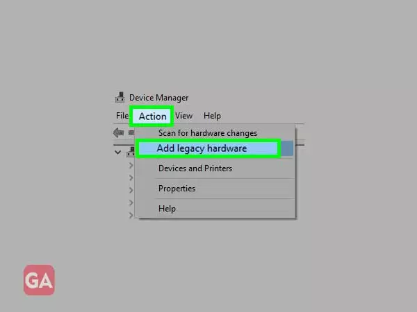In the action tab, click 'add legacy hardware'