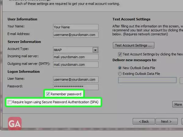 Select remember password and also select Require logon by using Secure Password Authentication