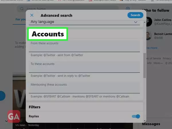 Fill in the accounts section of the advanced search
