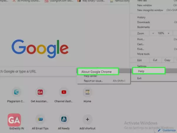 Click on help and then click about google chrome