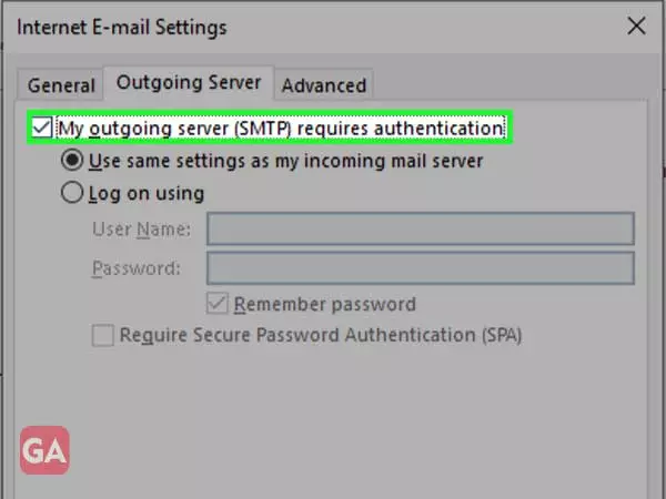 select the My outgoing server (SMTP) requires authentication option