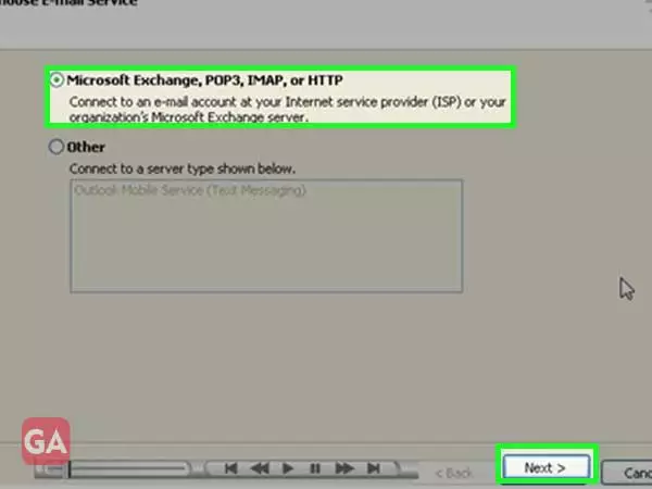 Select the MS exchange, POP3, IMAP and HTTP