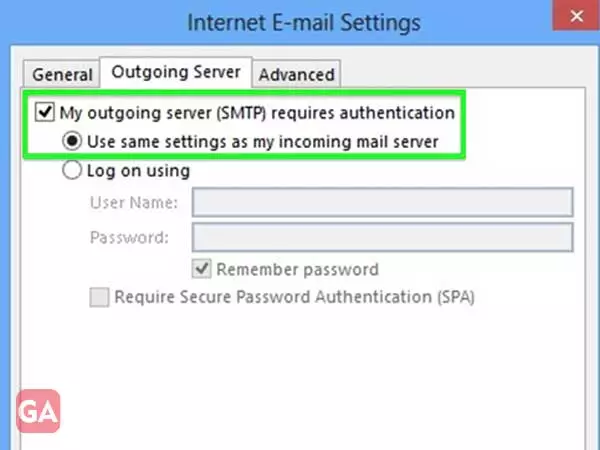 Select the my outgoing server (SMTP) requires authentication