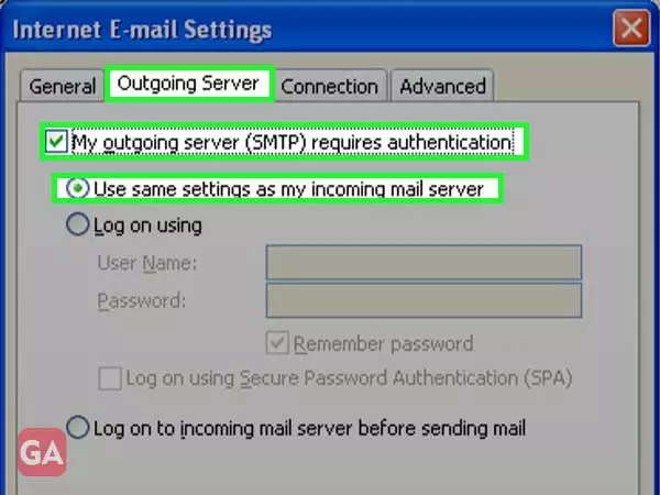 In the ‘Outgoing’ tab, select ‘My outgoing server (SMTP) requires authentication’ and ‘Use same settings as my incoming mail server’ options and press ‘OK.’
