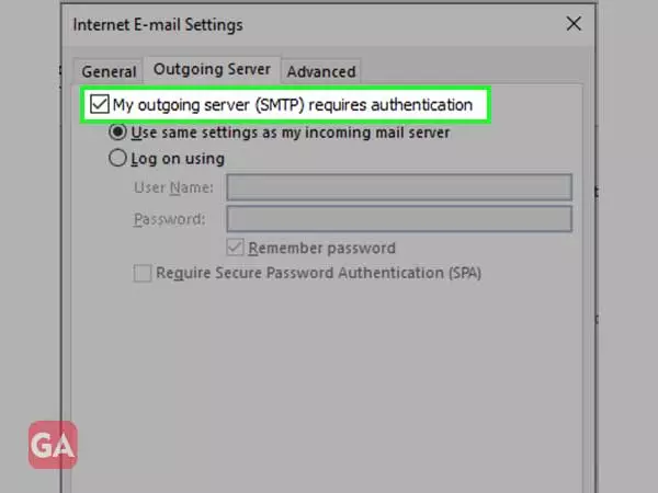 go to Outgoing server and tab on My server requires additional authentication