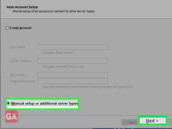 Select ‘Manual Setup or additional server types’ and click on ‘Next’