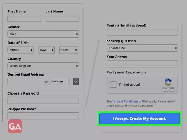 Fill up the GMX sign up form, click on create my account