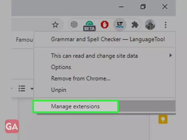 Right-click on the extension and click on ‘Manage Extensions