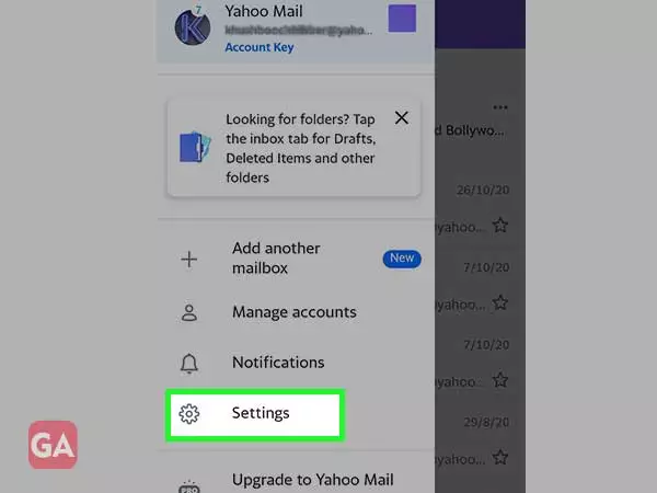 Log in to your Yahoo account and tap the profile icon to select the ‘Settings’ option