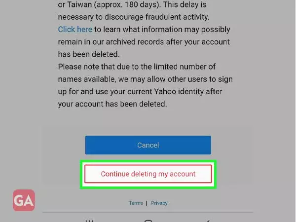 Tap on ‘Continue deleting my account