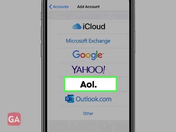 Choose 'AOL' for account type
