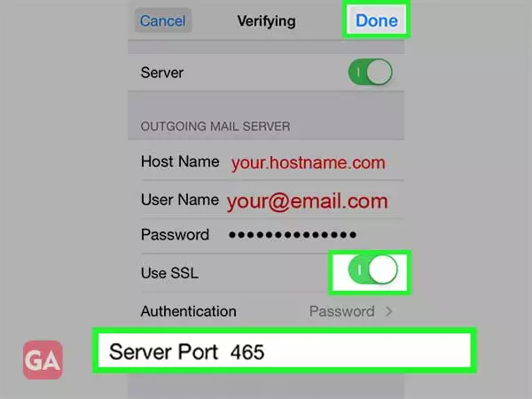 Select enable SSL, select 465 as the server port, press done