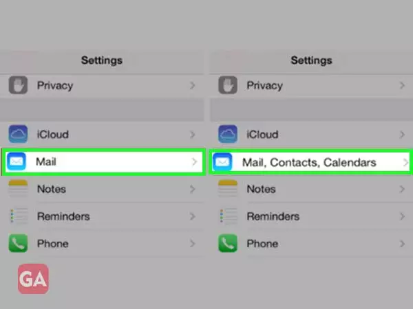 Go to mail, select mail, contacts and calendar