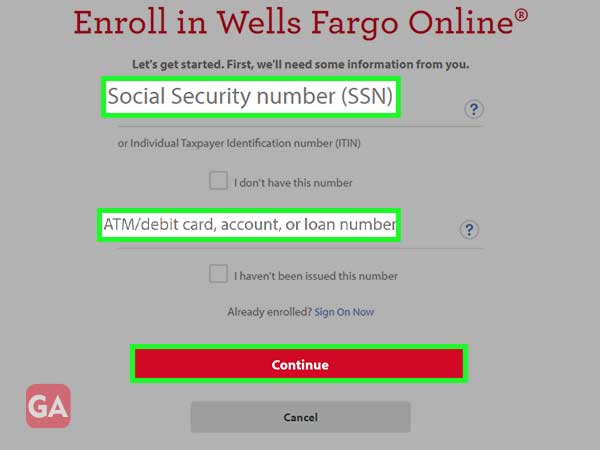 Type in your social security number and ATM/debit card, account number and click continue