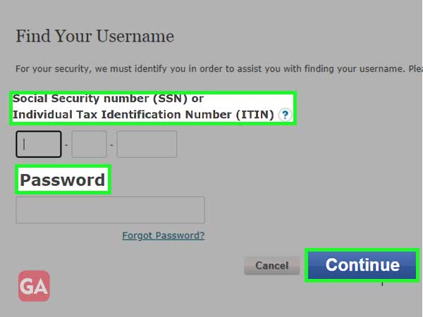 Enter your social security number and password and click continue
