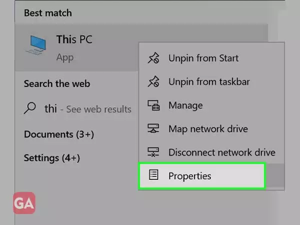 Type ‘This PC’ on the search bar of your computer then, right-click on it to select ‘Properties'